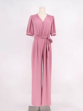 GAL MEETS GLAM COLLECTION Gabriella Tie Waist Short Sleeve Jumpsuit Pink Size 2